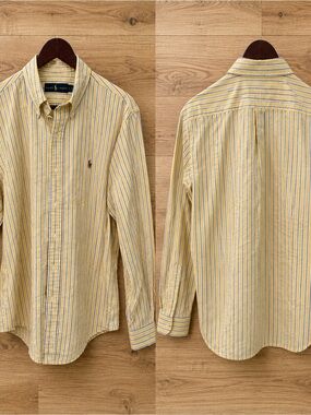 Ralph Lauren Men’s Large Yellow Blue Striped Button Down Shirt Oxford Pony Logo